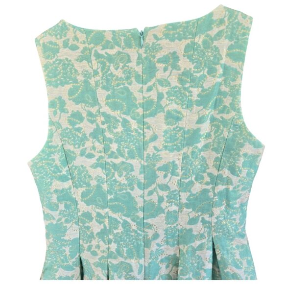J Howard Fit & Flare Floral Jacquard Dress Sleeveless Aqua Ivory Gold Size 8 - Picture 5 of 10